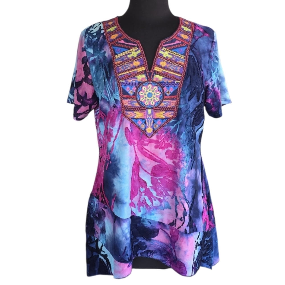 Calessa L Boho Embroidered Colorful Top Blue and Pink Women's Tunic